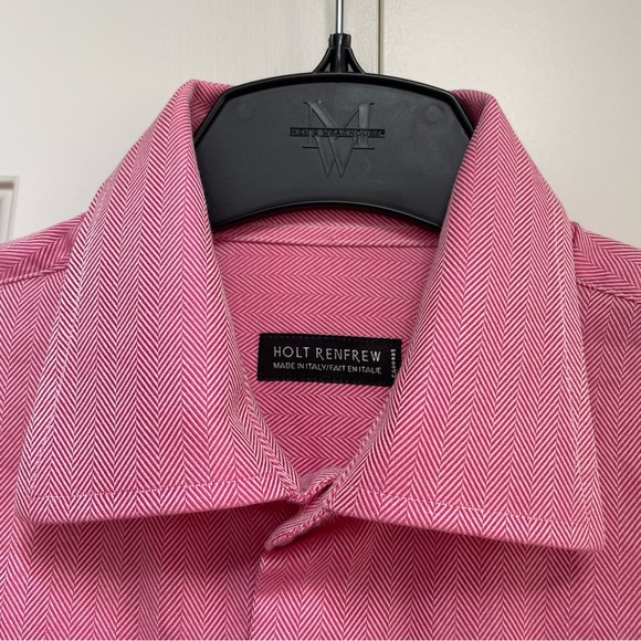 Holt Renfrew Raspberry White Herringbone 100% Cotton Made in Italy Sport Shirt - Picture 4 of 11